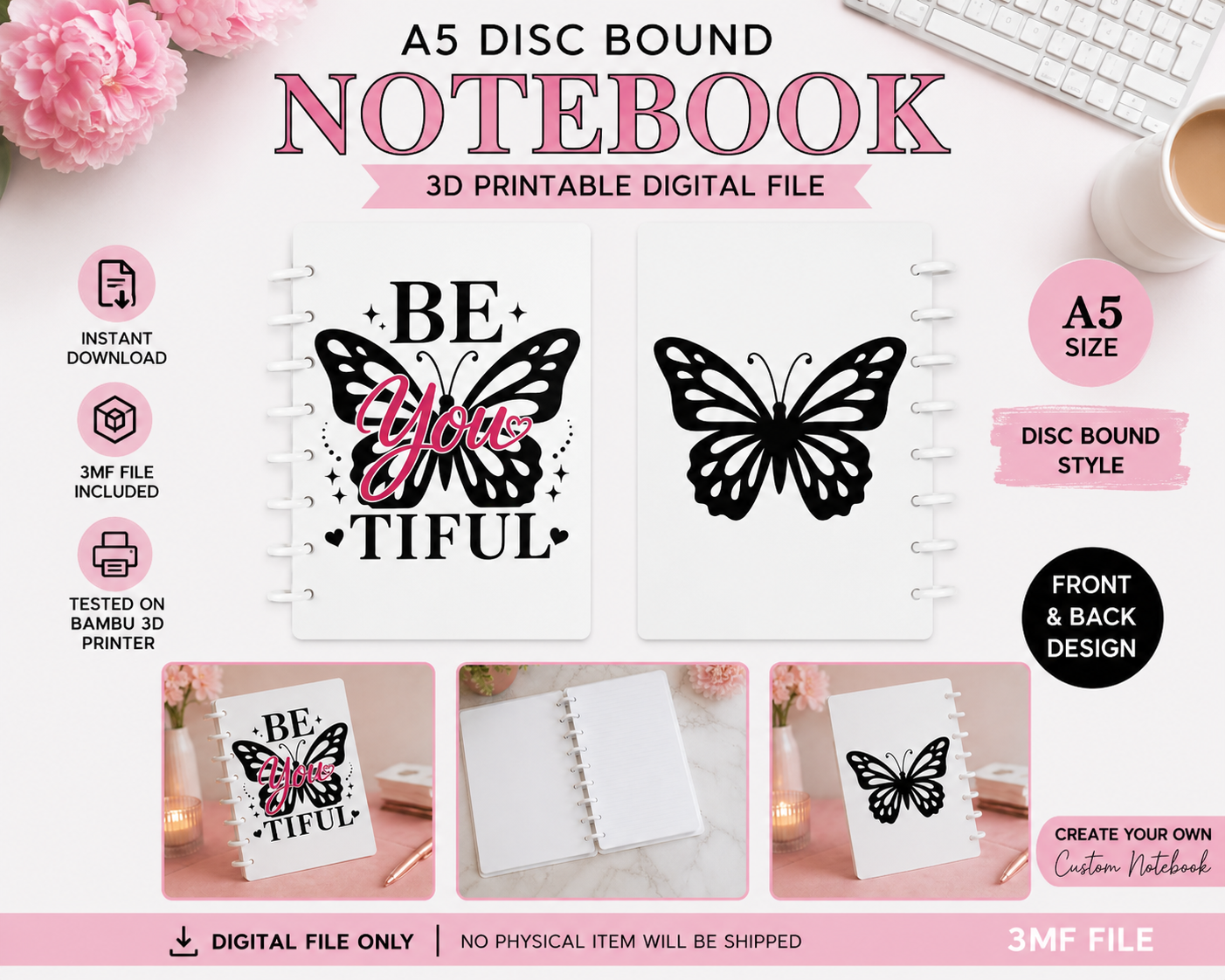 3D Printable A5 Disc Bound Notebook | Be You Tiful Butterfly Notebook