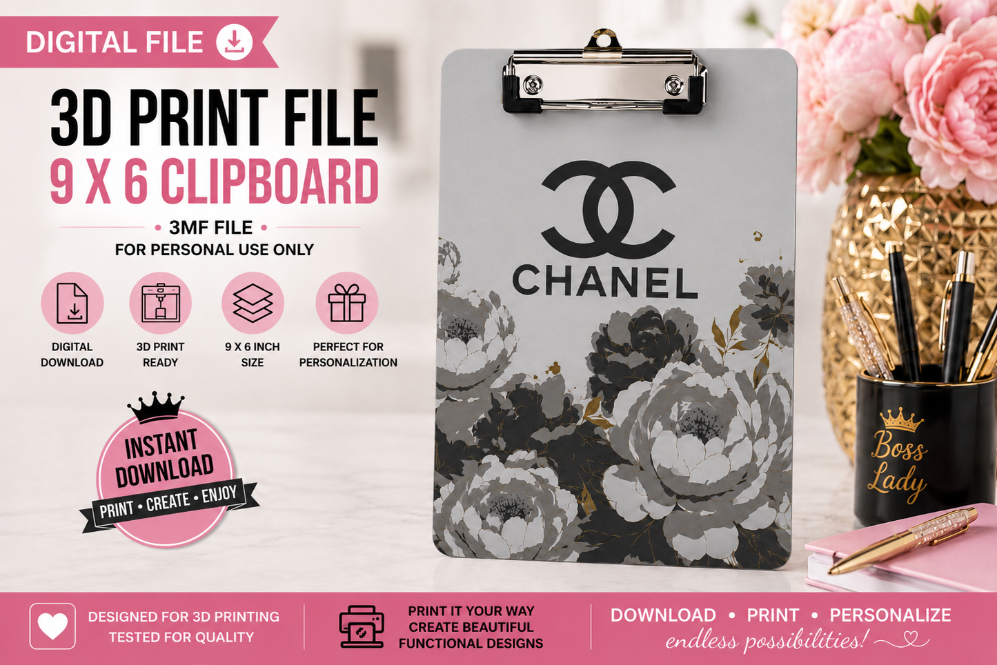 Luxury Designer-Inspired C2 9 x 6 Clipboard – 3MF Digital File