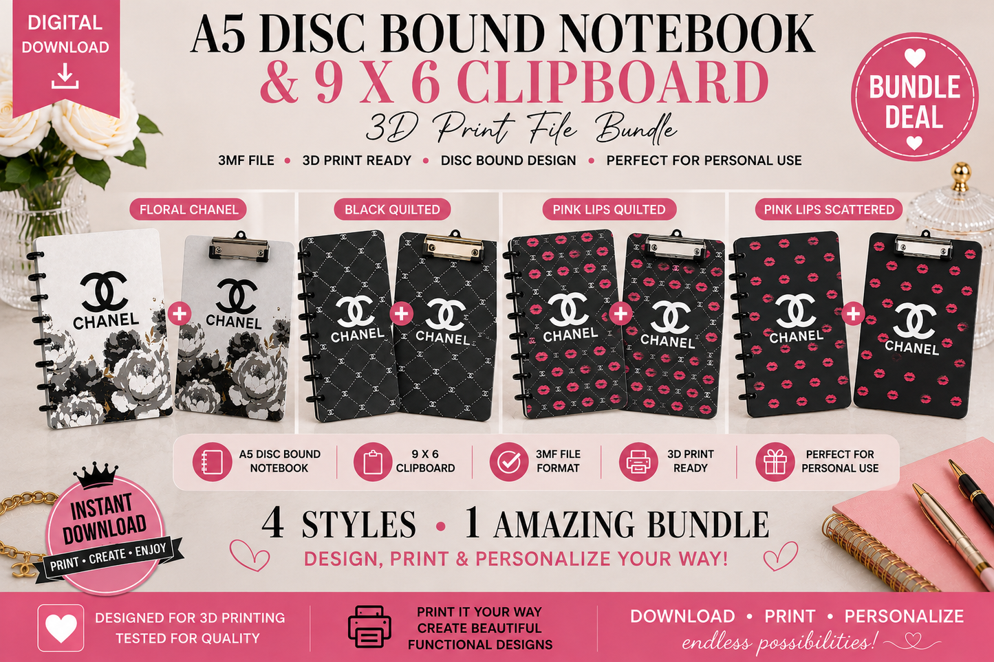 Luxury Designer-Inspired A5 Disc Bound Notebook & 9x6 Clipboard Bundle