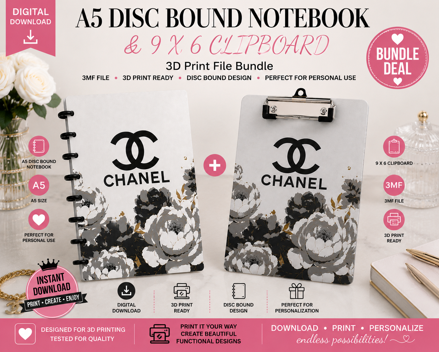 Luxury Designer-Inspired C2 A5 Disc Bound Notebook & 9 x 6 Clipboard Bundle – 3MF Digital Files