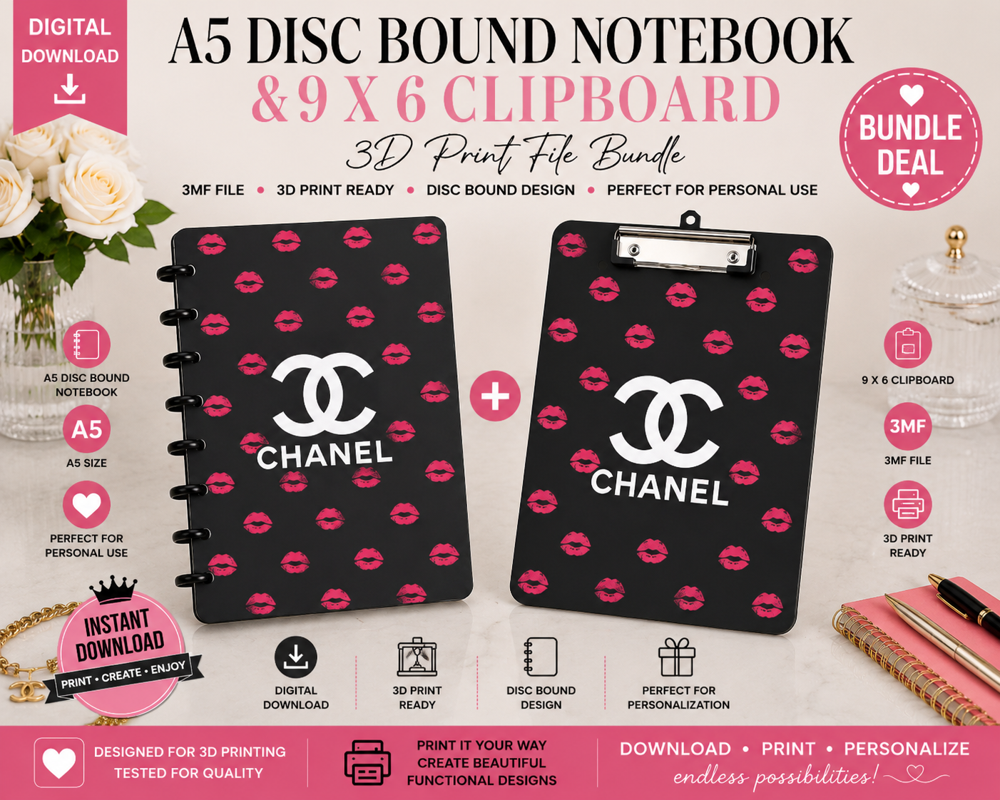 Luxury Designer-Inspired C3 A5 Disc Bound Notebook & 9 x 6 Clipboard Bundle – 3MF Digital Files