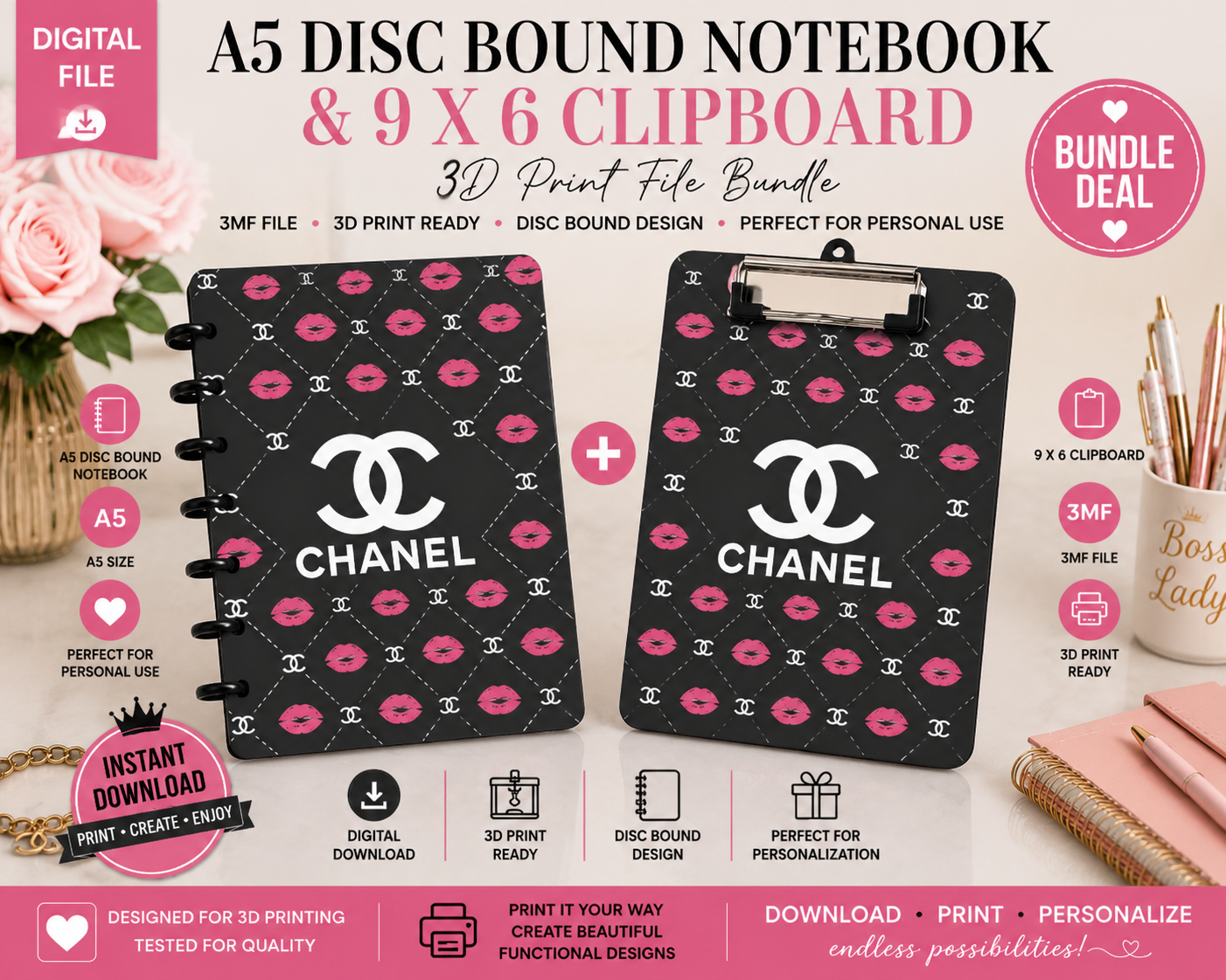 Luxury Designer-Inspired C4 A5 Disc Bound Notebook & 9 x 6 Clipboard Bundle – 3MF Digital Files