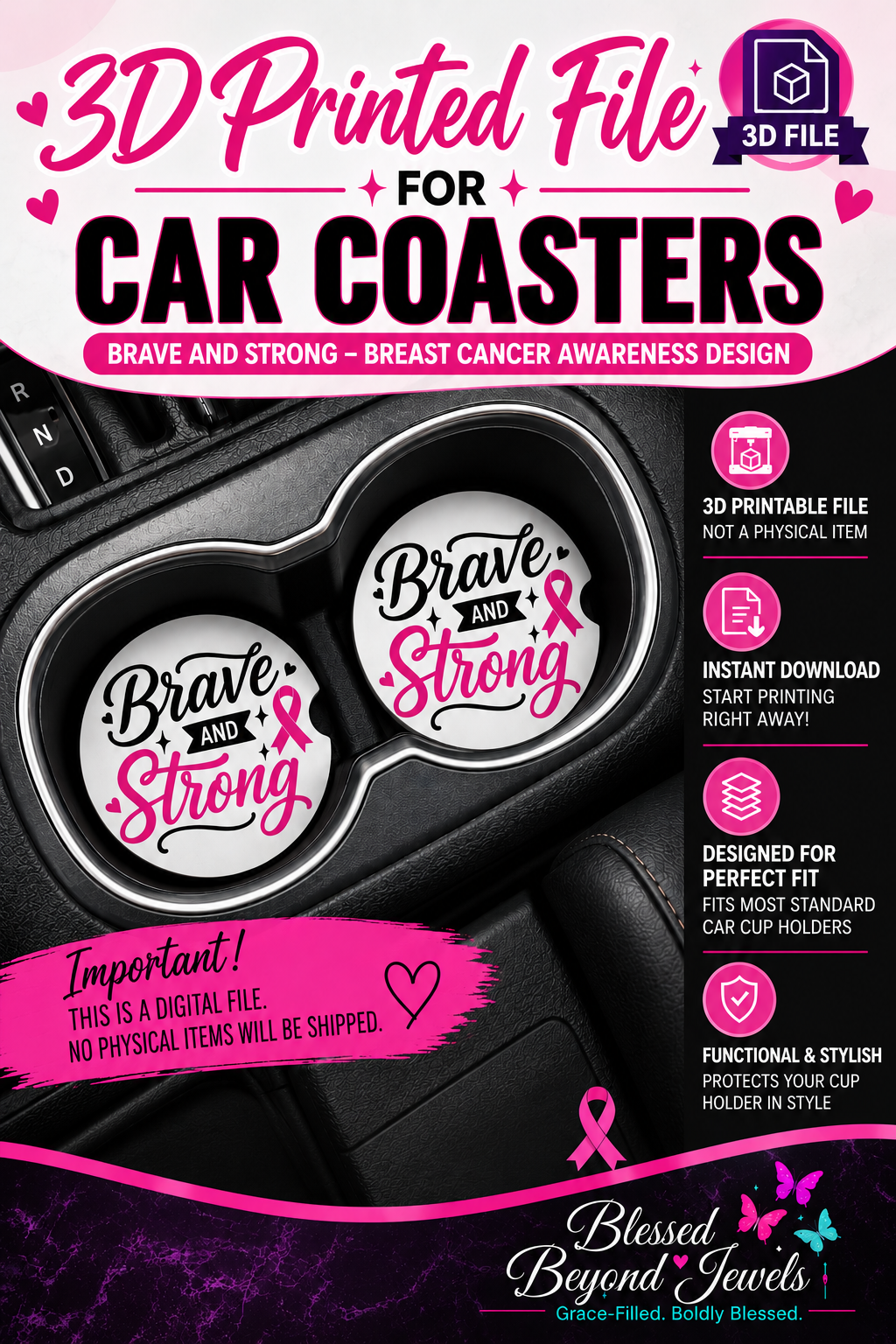 Brave & Strong Breast Cancer Awareness Car Coaster | 3D Print File