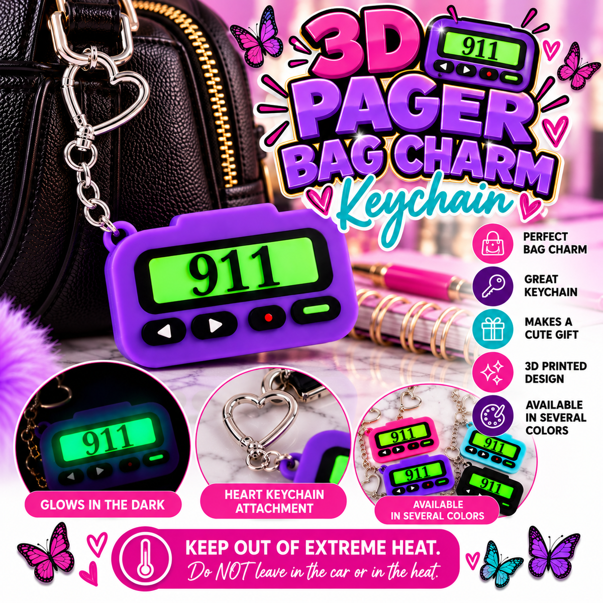 Retro Pager 3D Printed Bag Charm & Keychain | Glow in the Dark Beeper Keychain