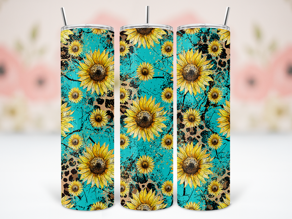 20oz Turquoise Sunflower Leopard Tumbler