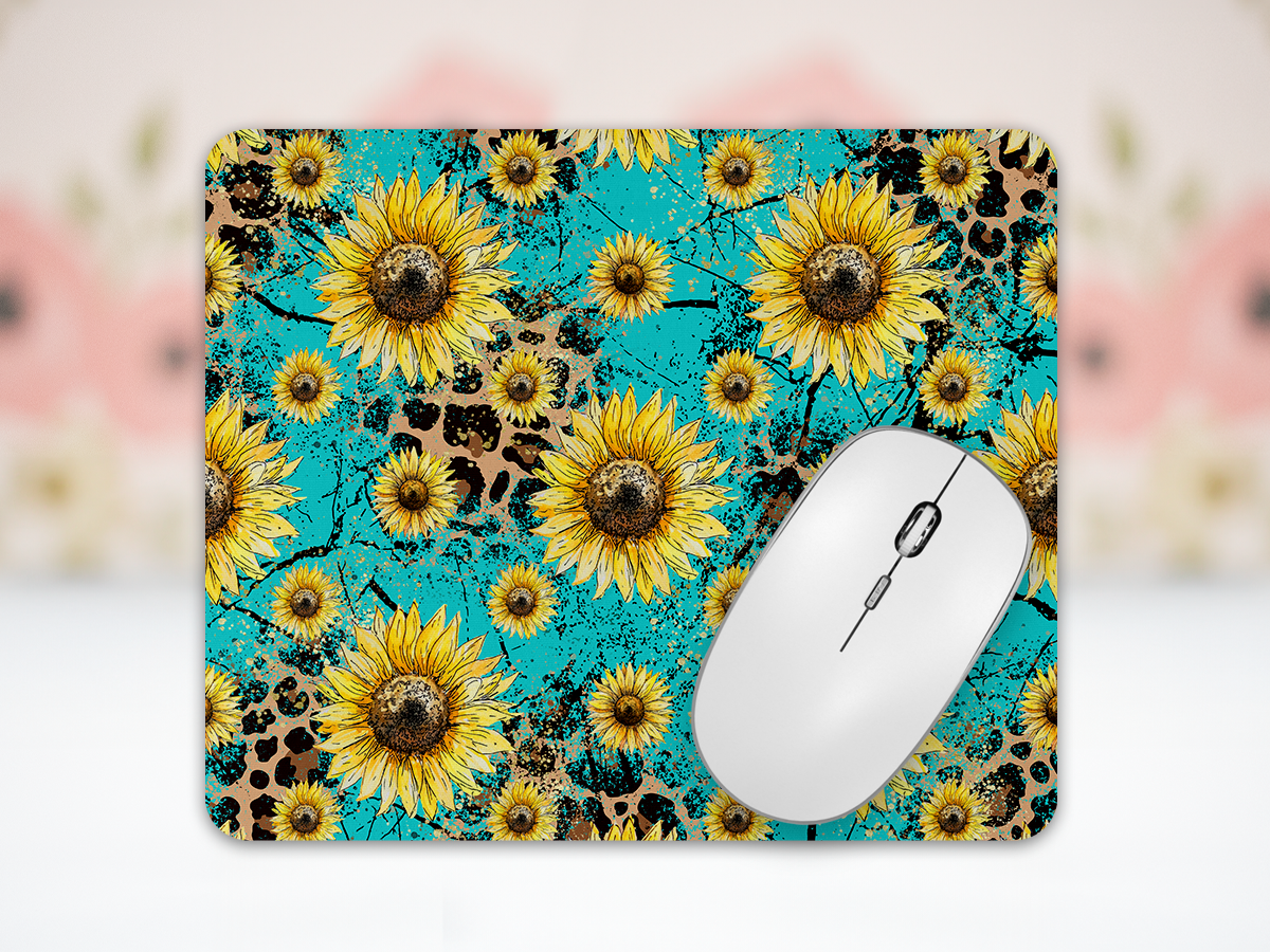 Turquoise Sunflower Leopard Neoprene Mousepad