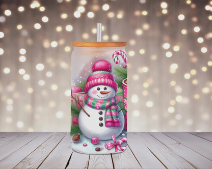 Pink Frost Snowman Delight Glass Can