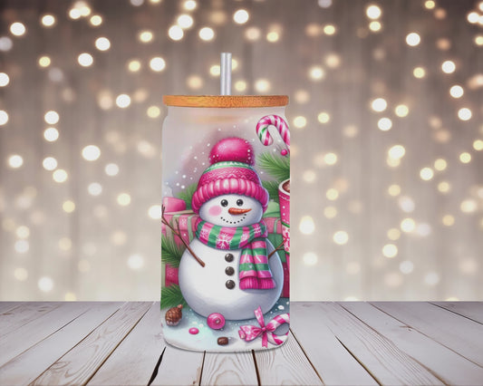 Pink Frost Snowman Delight Glass Can